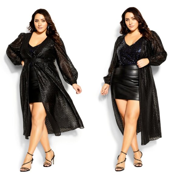 NWT CITY CHIC Chloe Jacket Maxi Metallic Sparkle Flared in Black Size XL/22 - Picture 2 of 9